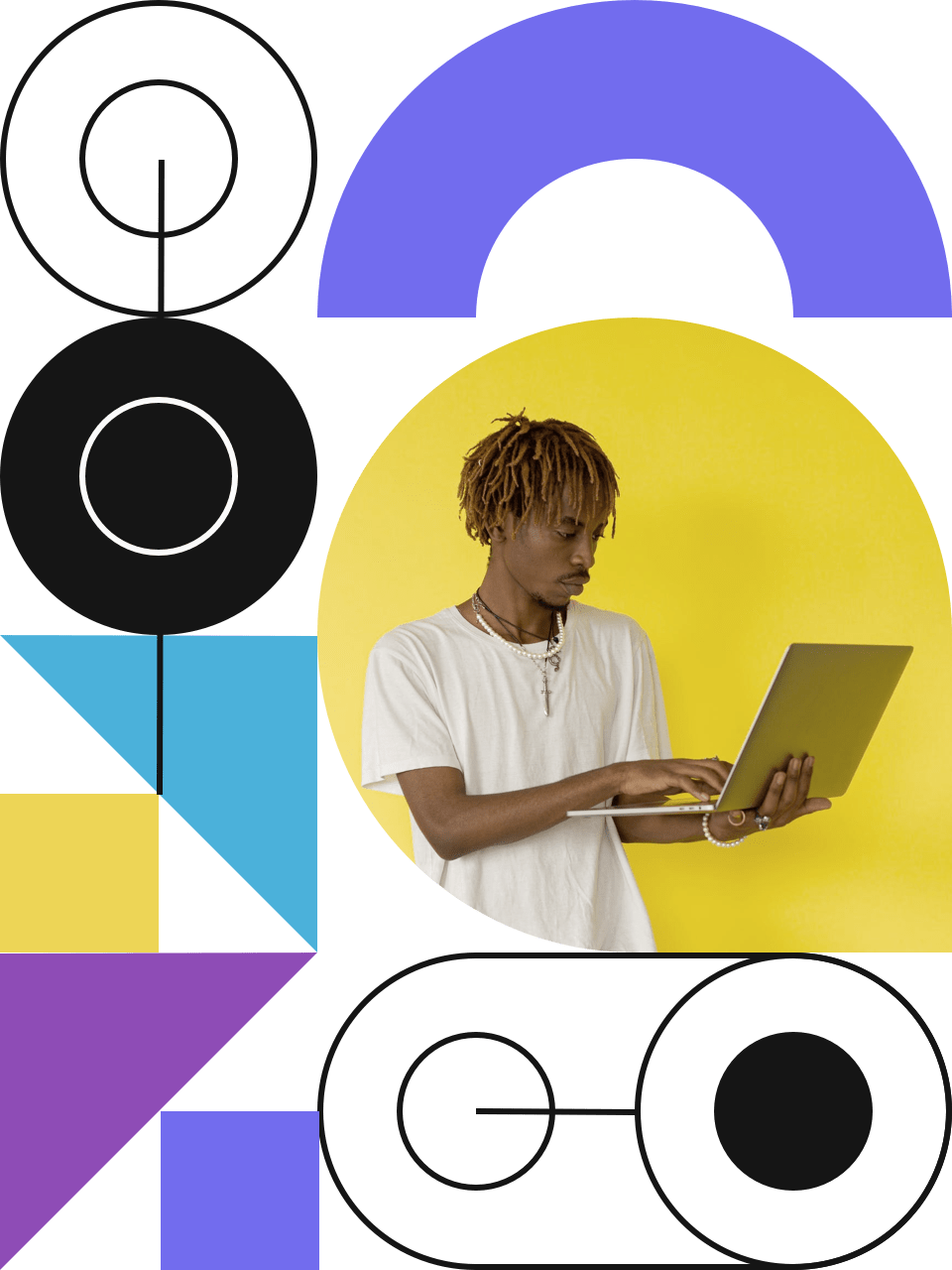 Young man standing and holding a open laptop